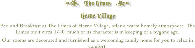 †   The Limes   ¢
Herne Village
Bed and Breakfast at The Limes of Herne Village, offer a warm homely atmosphere. The Limes built circa 1740, much of its character is in keeping of a bygone age.
Our rooms are decorated and furnished as a welcoming family home for you to relax in comfort.